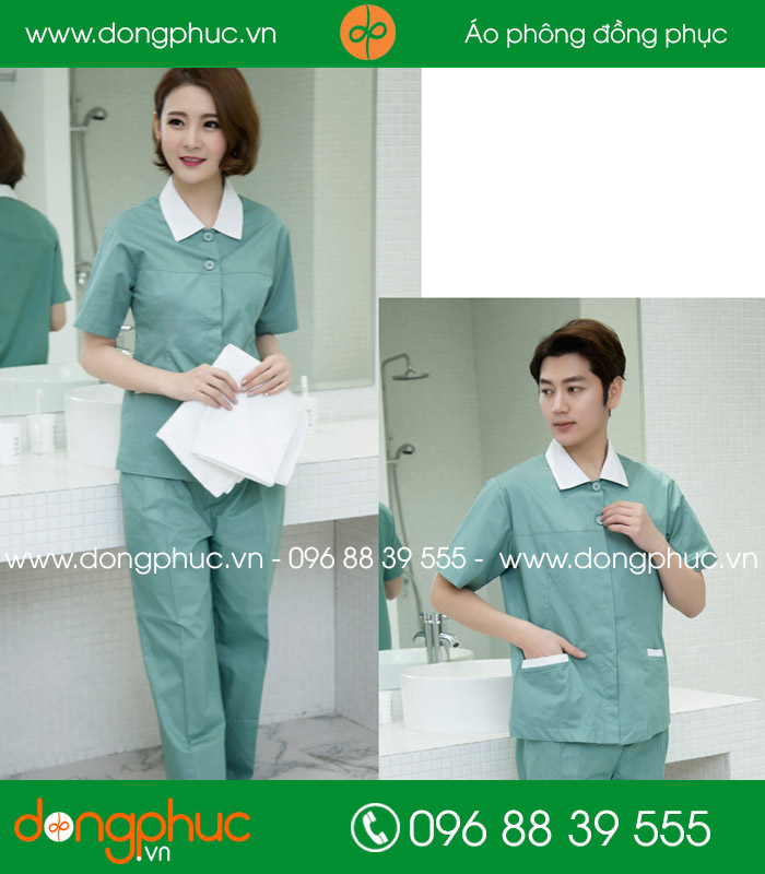 Đồng phục vệ sinh màu xanh đậm cổ trắng